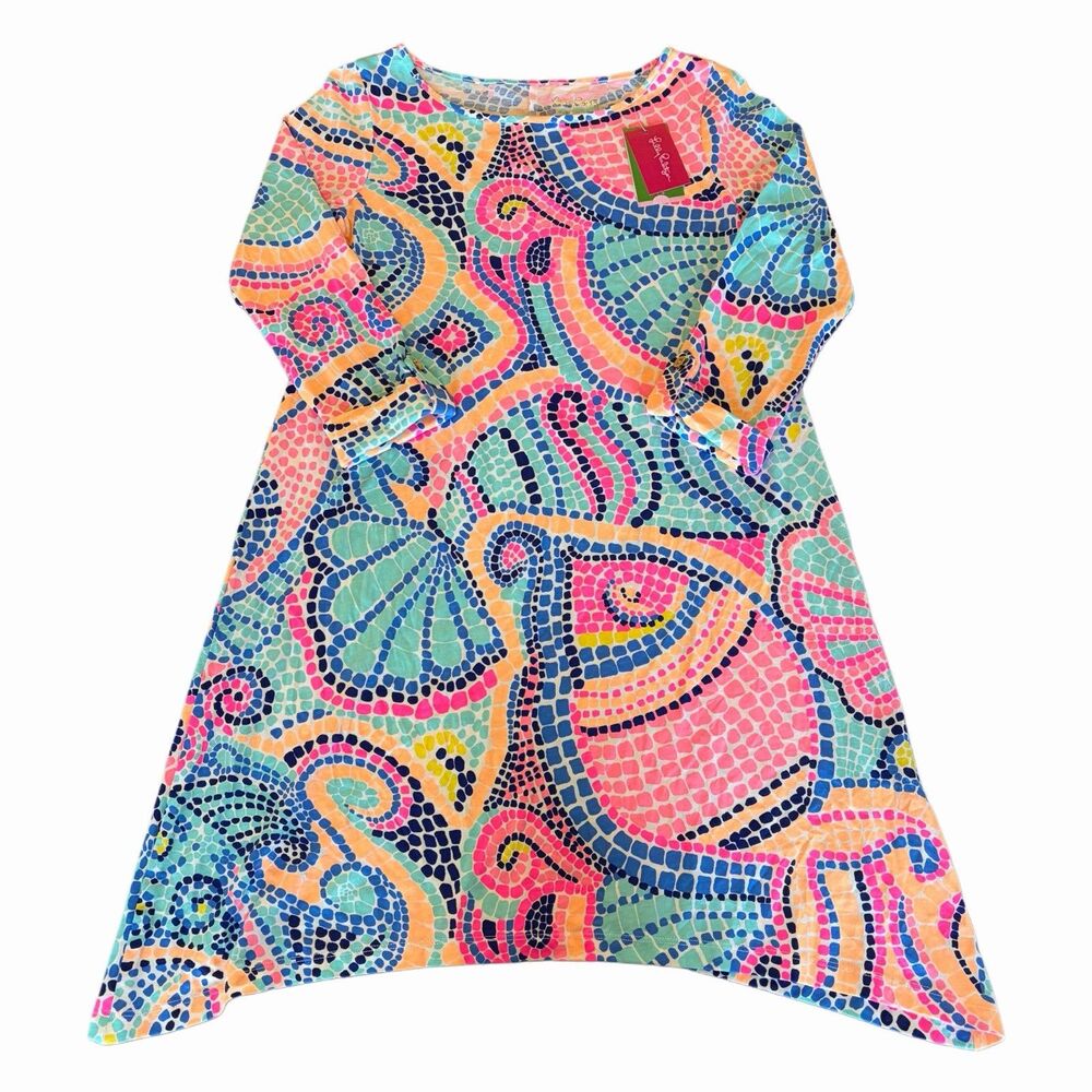 Lilly Pulitzer Edna Swing Dress Tile Wave Womens Size Small Roll Tab Sleeve NWT